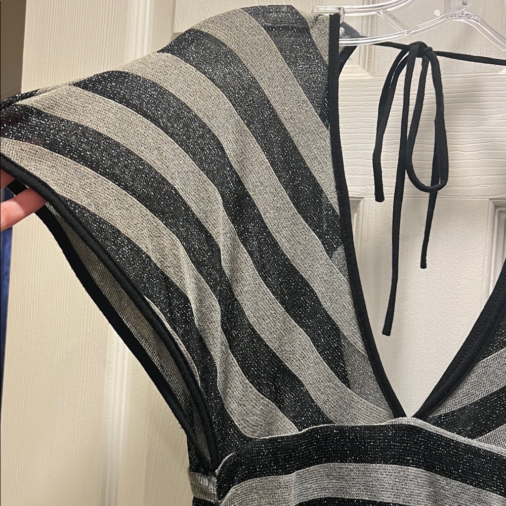 Vintage Striped V-Neck Ruched Midi Dress - Black and Gray Sparkle - Picture 5 of 8